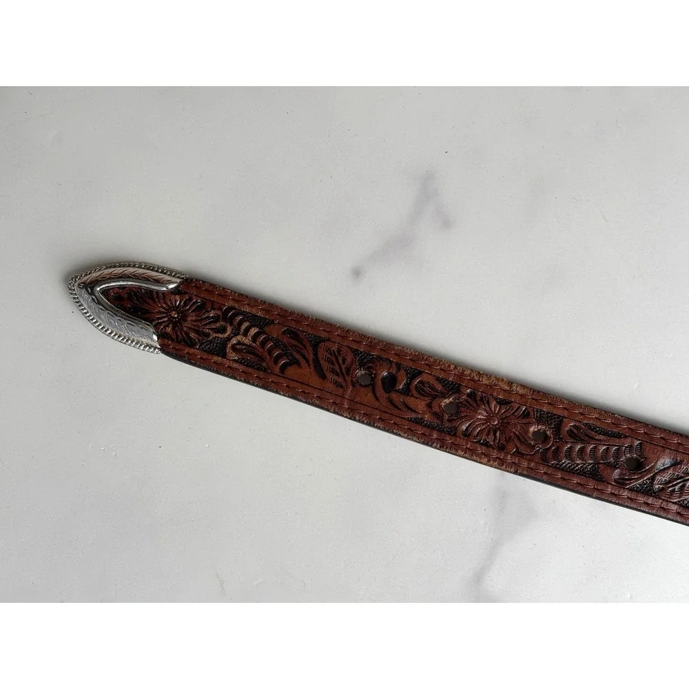 Ranger Belt Western American‎ Flag Horse Belt Brown Leather Concho Tooled 34